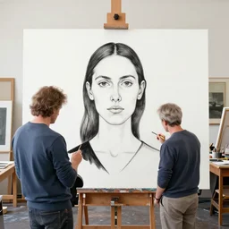 artist painting her self portrait in her art studio by dan mumford and peter doig and edward hopper, symmetrical, minimal, black ink, thick lines highly detailed, muted colours, masterpiece 8 k