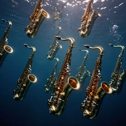 hundreds of shining saxophones floating underwater, clean, detailed, high contrast photo, Magnum photos