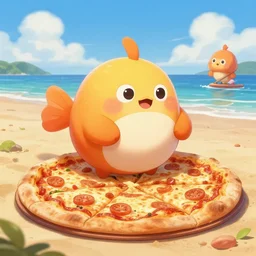 beautiful digital fantasy illustration of a pizza blobfish on the beach, hyper realistic render, by petros afshar and chiho aoshima