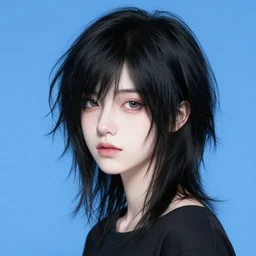 a pale emo girl with chin - length messy black hair, a blue streak, soft facial features, bangs covering an eye, 2 0 0 8, myspace photo