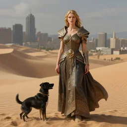 tintin with his dog on a sand dune, realistic, female, city in background, d & d, fantasy, intricate, elegant, highly detailed, digital painting, artstation, octane render, concept art, matte, sharp focus, illustration, hearthstone, shallow depth of field, dramatic lighting, art by artgerm and greg rutkowski and alphonse mucha