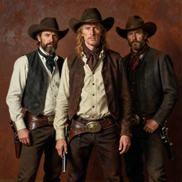 Solomon Joseph Solomon and Richard Schmid and Jeremy Lipking victorian genre painting portrait painting of David Gilmour a rugged cowboy gunfighter old west character in fantasy costume, rust background