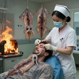a nurse is removing a cubic metre of compressed squid from a man's ears, the hospital is on fire, the nurse has three heads and is dressed in the skin of her father