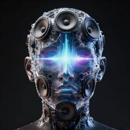 highly detailed surreal vfx portrait of a 3 d head made of speaker stacks. 🔈 polyphonic pulse projections, liquid light, metallic, galactic, crystalline edges, elegant, centered hyperrealistic, octane render, inspired by james jean, okuda sam miguel, android jones, beeple, rhads nvidia raytracing demo, 8 k