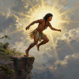 a young indigenous amazon man ready to jump off a cliff, matte painting, ayahuasca, fantasy art