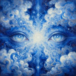 blue and white clouds oil painting of abstract surrealist forms by yvonne mcgillivray by mandy jurgens by michael divine, powerful eyes glowing highly detailed painting, spiritual abstract forms, symmetrical, trending on art station, abstract emotional, very beautiful, fantasy digital art, highly detailed patterned visionary art, magic symbols, by michael divine, cosmic nebula