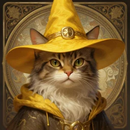 a mind - blowing portrait of a cat wizard, yellow wizard hat, anthropomorphic, deep focus, d & d, fantasy, intricate, elegant, highly detailed, digital painting, artstation, concept art, matte, sharp, illustration, hearthstone, art by artgerm and greg rutkowski and alphonse mucha