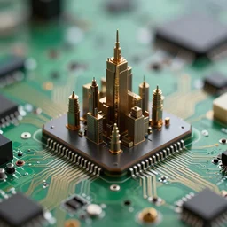 a microscopic citadel on the surface of a circuit board, tilt shift photography, 4k hd, digital art