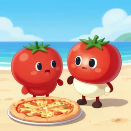 a tomato character on a romantic date with a mozzarella ball character, on the beach with a pizza in the sunset, foaming beer, dirty apron, extremely detailed 3 d render, octane render, octane, ray tracing, evening sky, 4 k, pixar