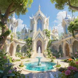 extreme low angle shot of an open courtyard in a beautiful elven city made of ivory and silver, intricate, vivid colors, lush trees, flowers, ponds, fountain, subsurface scattering, volumetric lighting, concept art, fantasy digital painting by James Gurney, by Greg Rutkowski, trending on Artstation, highly detailed, 8k