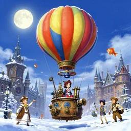 anime cartoon of hot - air balloon, sky, winter, snow, night, moon, victorian london, steampunk, nicoletta ceccoli, mark ryden, lostfish, max fleischer, hyper realistic, artstation, illustration, digital paint, matte paint, vivid colors, bright, cheerful, detailed and intricate environment