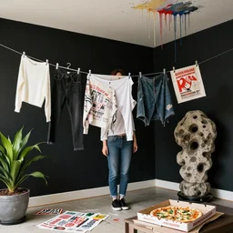 photograph of an emo woman's clothes drying in a luxury apartment, art supplies, propaganda leaflets, a large zen stone sculpture, paint dripping from ceiling, black walls, bromeliad, empty vegan pizza box