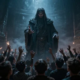 A dark matter god spelling spells on a crowd of people beneath him