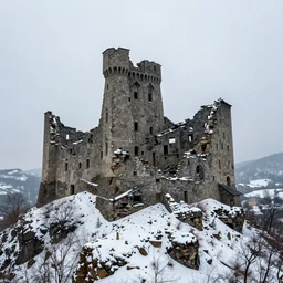 an ancient broken down castle on a snowy mountain on a fogy day, high detail, high definition, photorealistic, 8k