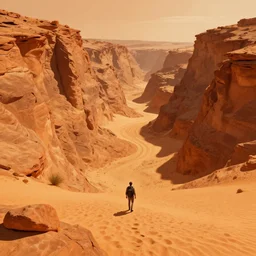 desert, canyon, explorator, drought, hot, ocher, rocky, cliff, ari, digital painting, fantasy lighting