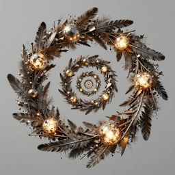 a mystical spiral fractal made of scrap metal and glowing spherical balls and leaves and feathers, 3 d, trending on artstation, octane render, 8 k