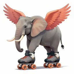 drawing of an elephant, phoenix wings instead of ears, on huge rollerblades, digital art