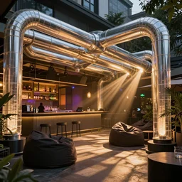happening cannabis chill club area with bar beanbags dj booth and interior exterior design, global illumination, radiant light, aluminum, fat glass winding tube pipes pump drinks around the club