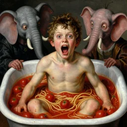 a boy like the spaghetti monster, eraserhead and elephant man sitting in a tub full of tomato sauce, looking straight into camera, screaming in desperation, by giuseppe arcimboldo and ambrosius benson, renaissance, fruit, intricate and intense oil paint, a touch of chesles bonestell, beksinski and hr giger and edward munch, realistic