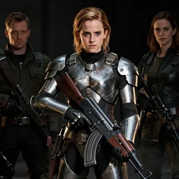 emma watson wearing metal gear armor holding ak-47 dramatic lighting art by Yoji Shinkawa by Richard Schmid  by greg rutkowski by Sandra Chevrier by Jeremy Lipking cinematic dramatic
