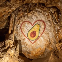 realistic photo of a cave with stalactites and a painting petroglyph of an avocado inside a heart, parietal art style, inside a cavern, cave painting, sepia colors