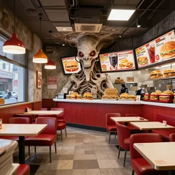 a fast food restaurant interior inspired by HR Giger