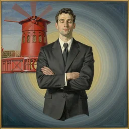 cgi moulin rouge! by sydney prior hall, by jan van scorel. a assemblage of a suit. the man's eyes are closed & he has a serene, content look on his face. his arms are crossed in front of him & is floating in space. background is swirling with geometric shapes & patterns.