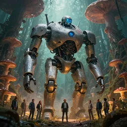 giant biomechanical robot inside otherworldly fungi forest, rim light, neil gaiman, maria panfilova, andrea savchenko, mike kime, ludovic plouffe, qi shengluo, oliver cook, julian calle, eddie mendoza, trending on artstation