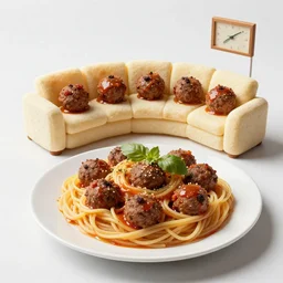 edible spaghetti and meatballs shaped into a living room set
