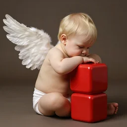 studio photograph of a one - year - old blond, straight - haired boy with angel wings, sitting with his back to the camera, his head resting on a large red plastic cubic molecule structure, soft lighting, in the style anne geddes
