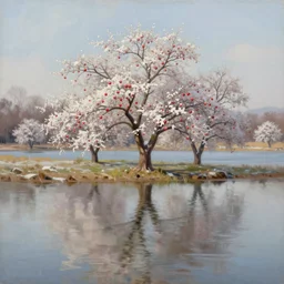 apple trees on the shore of a large lake in winter, extremely detailed oil painting, unreal 5 render, digital art, landscape painting, octane render, beautiful composition, trending on artstation, award winning photograph, masterpiece