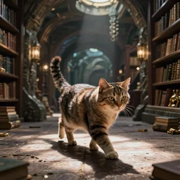 futuristic VFX movie of a cat walking through a wizards magic underground library, natural lighting by Emmanuel Lubezki