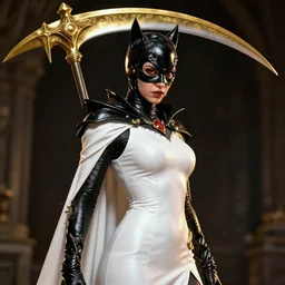 hyper - realistic + photorealistic render with very extreme intricate details, of catwoman, dc comics, in the style of final + fantasy 1 5, skintight white dress, large golden scythe on back, red eyes!!, digital game - art by ross tran, movie composition by sana takeda, dramatic cinematic lighting by greg rutkowski