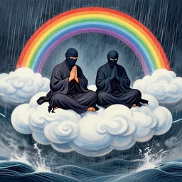 praying ninja monks resting on godlike clouds over stormy waters in rainbows, linocut, photorealistic illustration, insanely detailed cloud rendering, cinematic composition