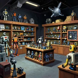 inside a store that sells robot parts, on a spacestation, from a lucasarts point and click 2 d graphic adventure game, set design inspired slightly by tomb raider, art inspired by [ [ [ thomas kinkade ] ] ] and [ mark keathley ]