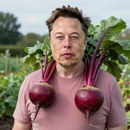 Elon Musk skin like beets, in the garden, super realistic photo
