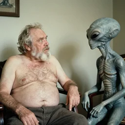 old film photography of an old, hoary, chubby man and an realistic grey alien having a conversation
