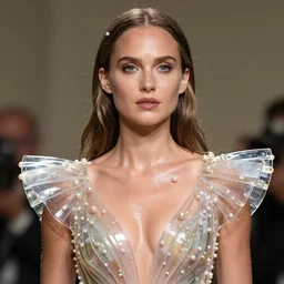 nathalie portman wearing a risque outfit made from acrylic glass, half body portrait, greg kutkowski, sharp details, soft lighting, subsurface scattering, pearls of sweat, glistening skin, warm lighting