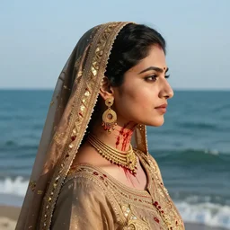 portrait of a pakistani woman :: side profile :: blood :: background sea :: intricate details  ::  gold :: oxygen implant :: 8k :: marvel and Sandra Chevrier