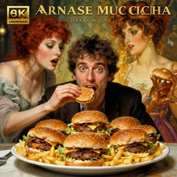 hyperrealist portrait of a man being told by a female to eat from this massive plate filled with hamburgers and fries. by jeremy mann and alphonse mucha, fantasy art, photo realistic, dynamic lighting, artstation, poster, volumetric lighting, very detailed faces, 4 k, award winning