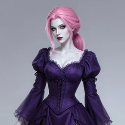 hd portrait of beautiful necromancer, gloomy purple dress, corset, face details, pink hair, ponytail, white skin, green eyes, posing, high fantasy, highly detailed, sharp focus, smooth, digital illustration, by afshar petros, krenz cushart, artem demura