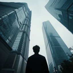 a persons view of futuristic skyscrapers from below, looking up, cinematic