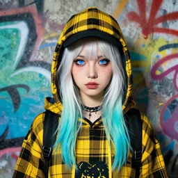 highly detailed portrait of a sewer punk lady student, blue eyes, tartan hoody, hat, white hair by atey ghailan, gradient yellow, black, brown and cyan color scheme, grunge aesthetic!!! ( ( graffiti tag wall ) )