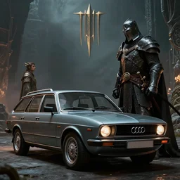 Armored Audi 80 B3 Avant (1988) facing off a dark knight, The Elder Scrolls III: Morrowind, an epic fantasy, Morrowind, Consulting Vivec, dramatic lighting, cinematic, establishing shot, extremely high detail, photorealistic, cinematic lighting, artstation, by simon stalenhag