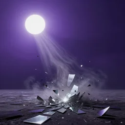 a dark matter wind and dust pieces of purple sky with a white sun falls to the ground and breaks into fragments, metallic light, x - ray, futurism, schizophrenia, hyperrealistic fall, closed limbo room, the matrix broke into mirror fragments