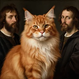 beautiful renaissance painting portrait of ginger maine coon with white beard by sandro botticelli, jan van eyck, tiziano vecelli, piero della francesca