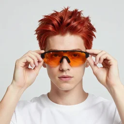 photorealistic young man with red spiked long hair, using an orange lens googles. Wearing white shirt, a black waistcoat. He is throwing a wild fire blast from his hands, with a vicious smile in face. dynamic lightning.