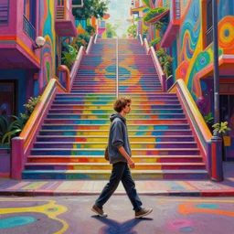 photo - realistic, painting of a man walking alone in the boulevard of psychedelic dreams, trippy stairs in the background highly detailed, hyper detail, sharp, in the style of beeple, mobeius, rule of thirds, unreal engine trending on artstation