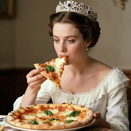 a historical photo of young beautiful queen margherita of italy, eating a pizza margherita with her hands, intricate detailed tiara, pearl necklace, black and white photo, smooth lighting, masterpiece, perfect symmetry, by kim jung gi, irakli nadar