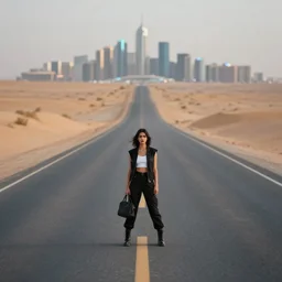 photograph of a techwear woman alone, on a desert road with a futuristic city in the horizon, one point perspective, long exposure, 1-point perspective, tilt shift, sigma 85mm f/1.4, 4k, depth of field, high resolution, 4k, 8k, hd, full color